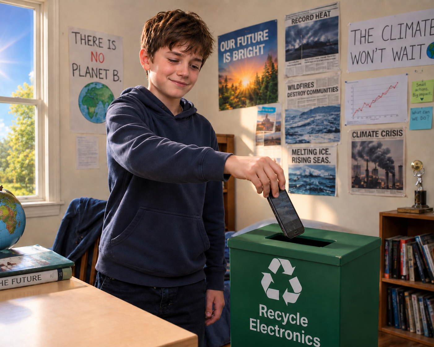 Alex putting an old phone into an electronics recycling bin